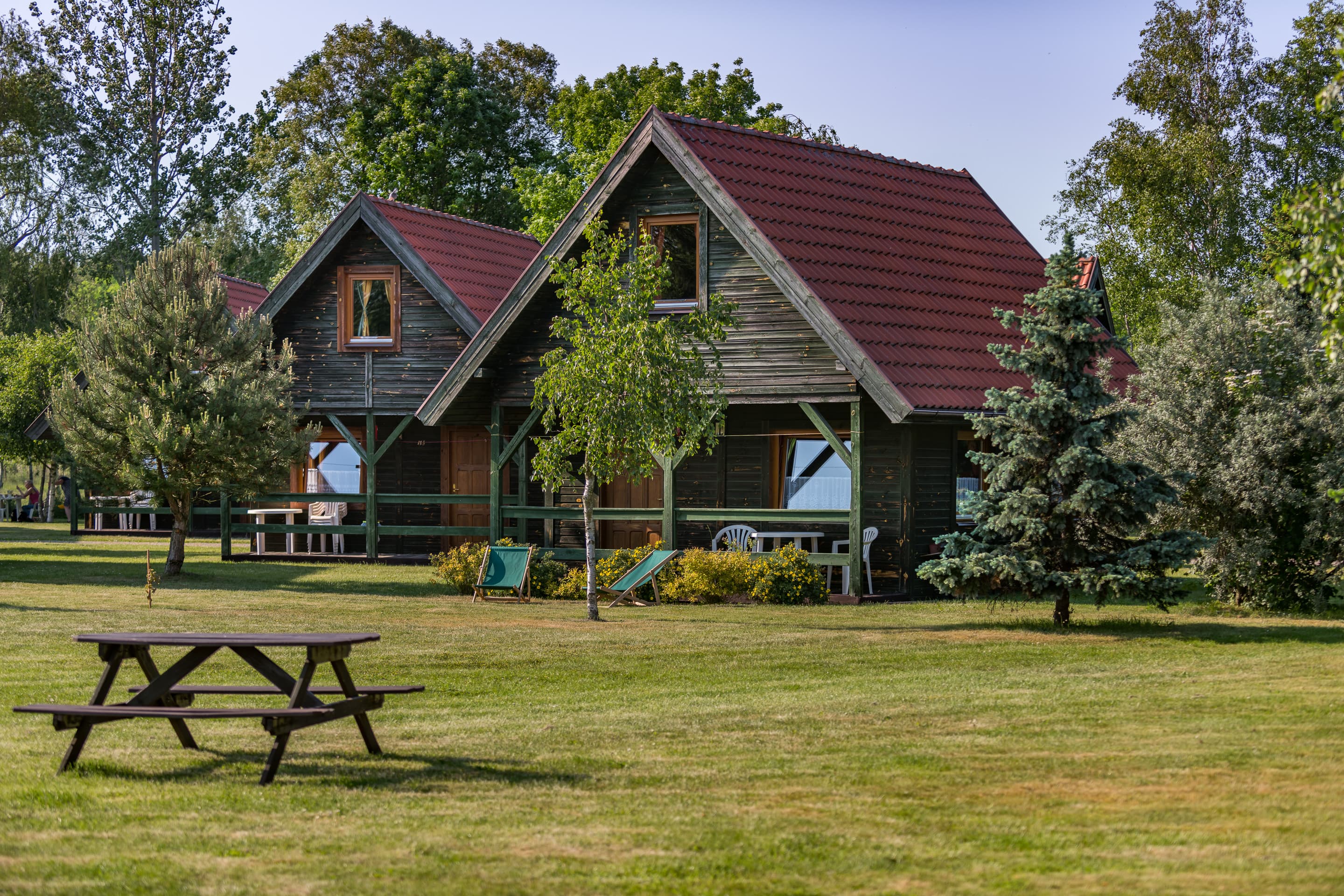 Holiday cottages among trees and greenery